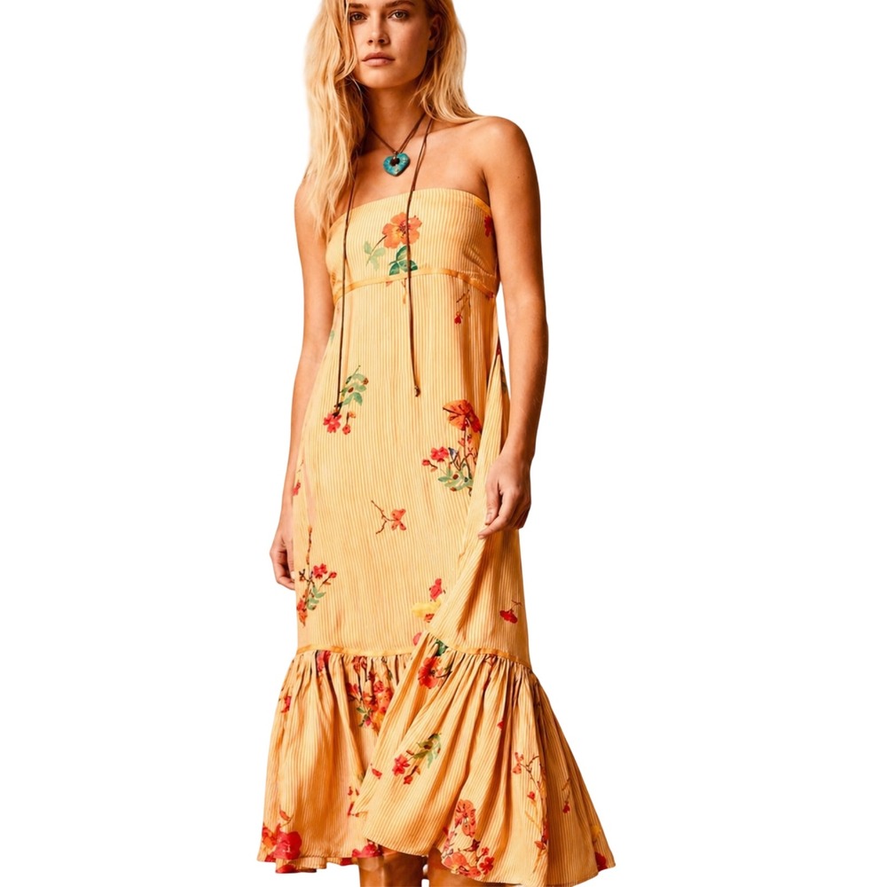 Free People Rosie Posie Sunshine Floral Strapless Midi Dress Womens L - Picture 1 of 16